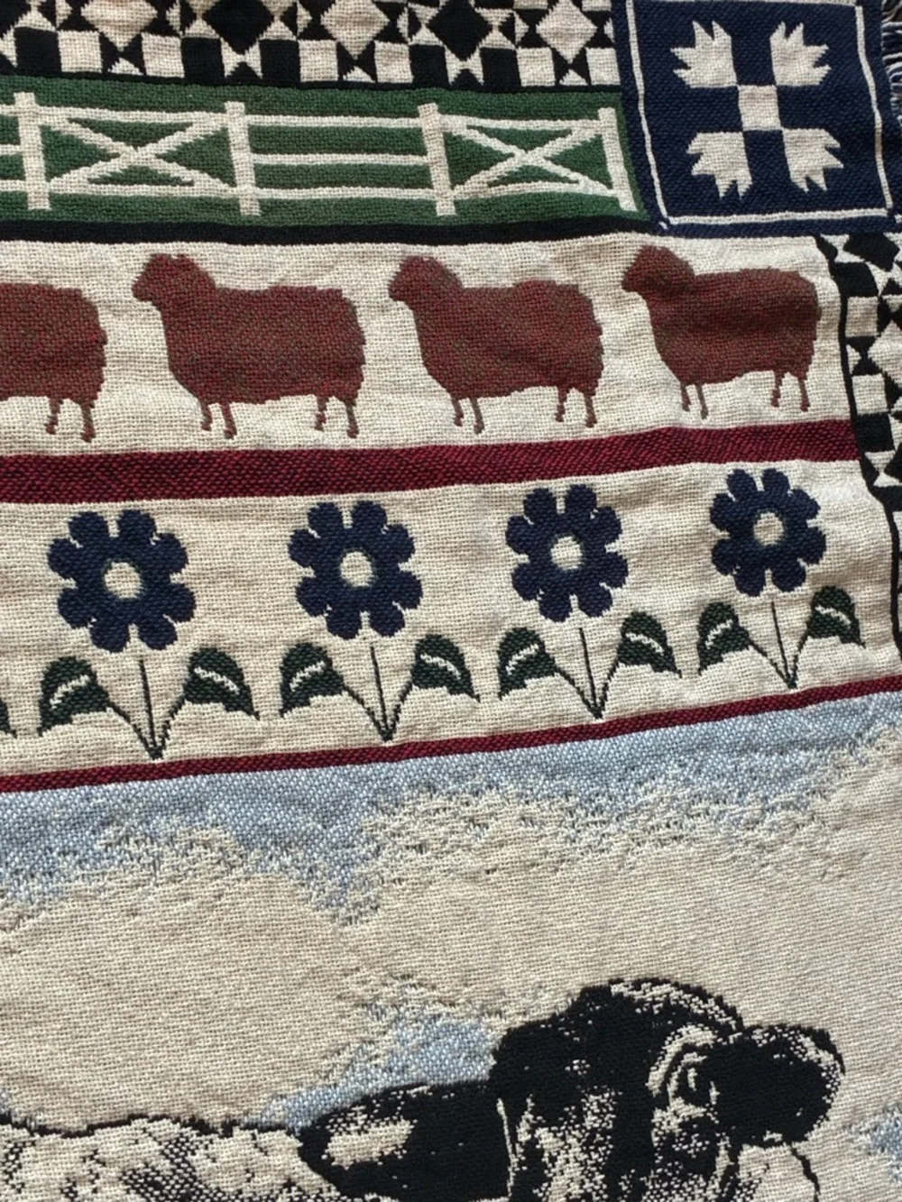 Vintage Woven Sheep Farm Tapestry Throw Blanket Fringe Rustic Cottagecore 45x67